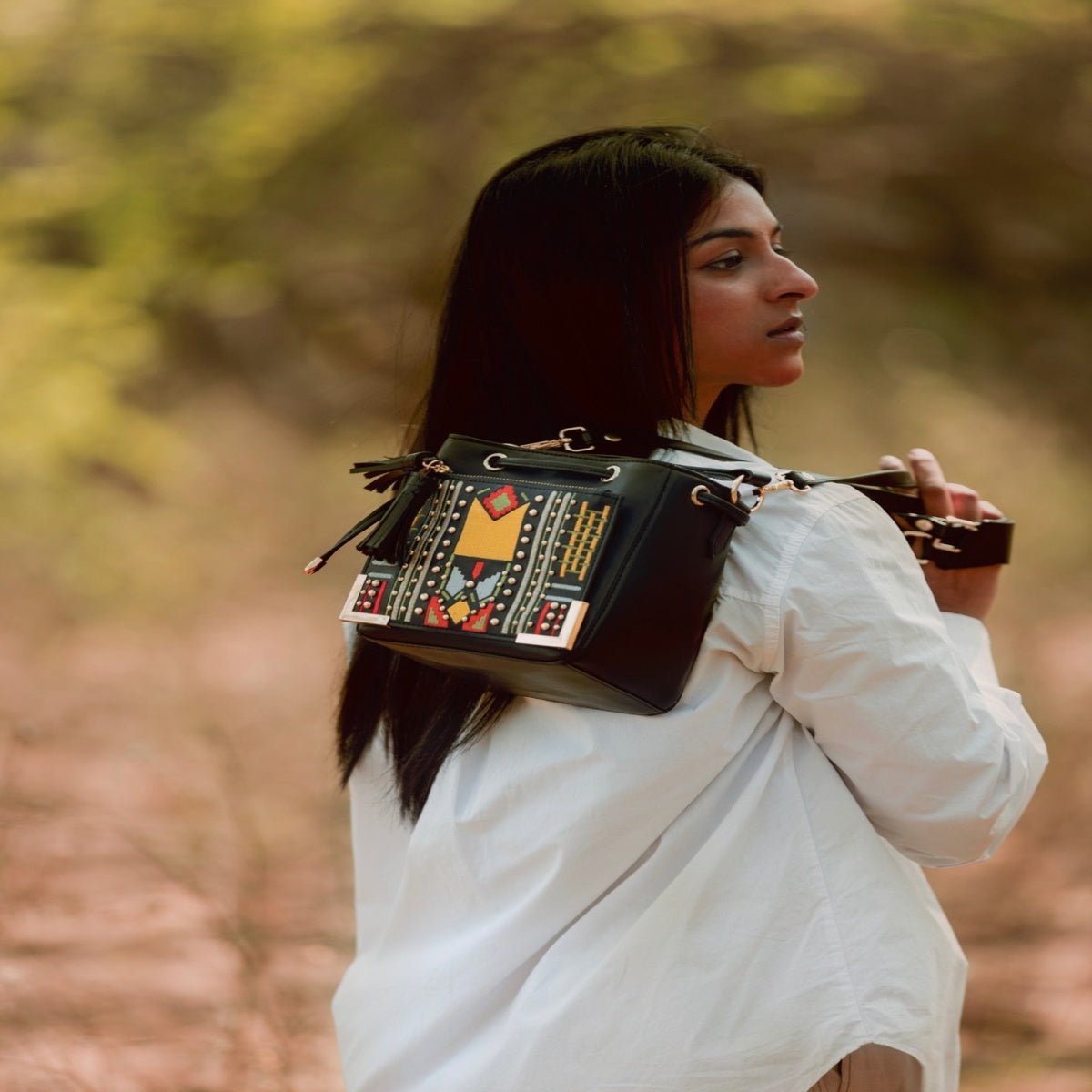 Nora Vegan Leather Embroidered Sling Bag - Black – Sling Bag on Brown Living™. SKU: SBGH2025 - 3001. Img 7.