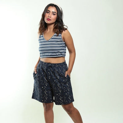North Star Biowashed Organic Cotton Shorts - Navy Blue – Womens Top on Brown Living™. SKU: 0010/STRY/Navy/AOP - S. Img 1.