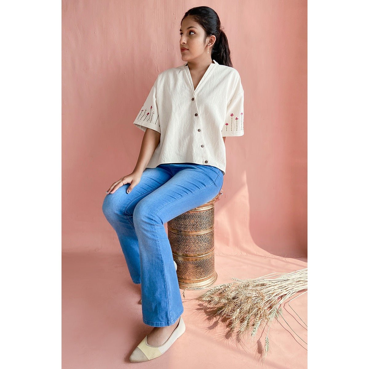 Nunchi Khadi Blouse | Handwoven Cotton Blouse for Women – Womens Blouse on Brown Living™. SKU: DL0125XSn. Img 1.
