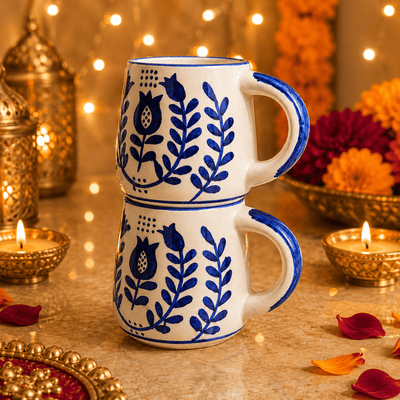Ocean Bloom Blue Ceramic Mug Set of 2 | Elegant Coffee Mugs – Mugs on Brown Living™. SKU: D-421. Img 2.