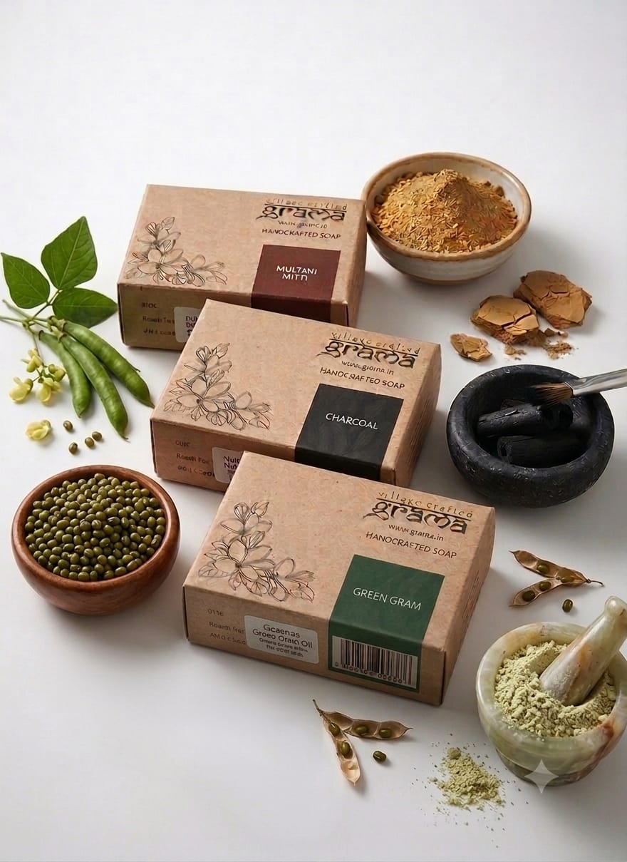 Oil skin Combo Pack of 3| 125 g each – Body Soap on Brown Living™. SKU: 248-10805-GMACOMBO_NALPA_CHARCL_MULM. Img 3.