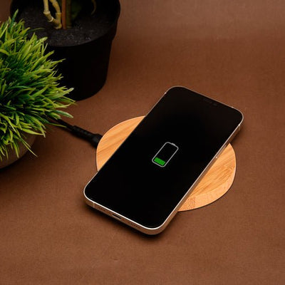 Olive 15W Round Wireless Bamboo Charger – Desk Accessories on Brown Living™. SKU: WAW9004. Img 1.