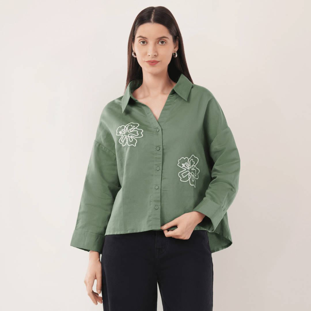 Olive Bloom | Hemp Cotton Sustainable Shirt | Women – Womens Shirt on Brown Living™. SKU: OliveBloom-XS. Img 6.