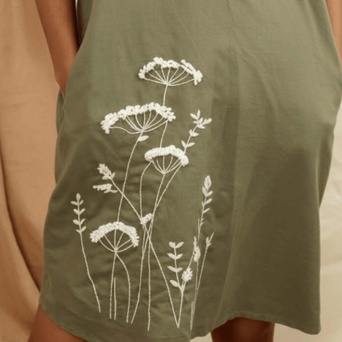 Olive Green Linen Anti Fit Drop Shoulder Dress With Hand Embroidery – Womens Dress on Brown Living™. SKU: AS-OGD-001. Img 2.