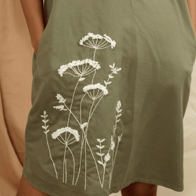 Olive Green Linen Anti Fit Drop Shoulder Dress With Hand Embroidery – Womens Dress on Brown Living™. SKU: AS-OGD-001. Img 2.