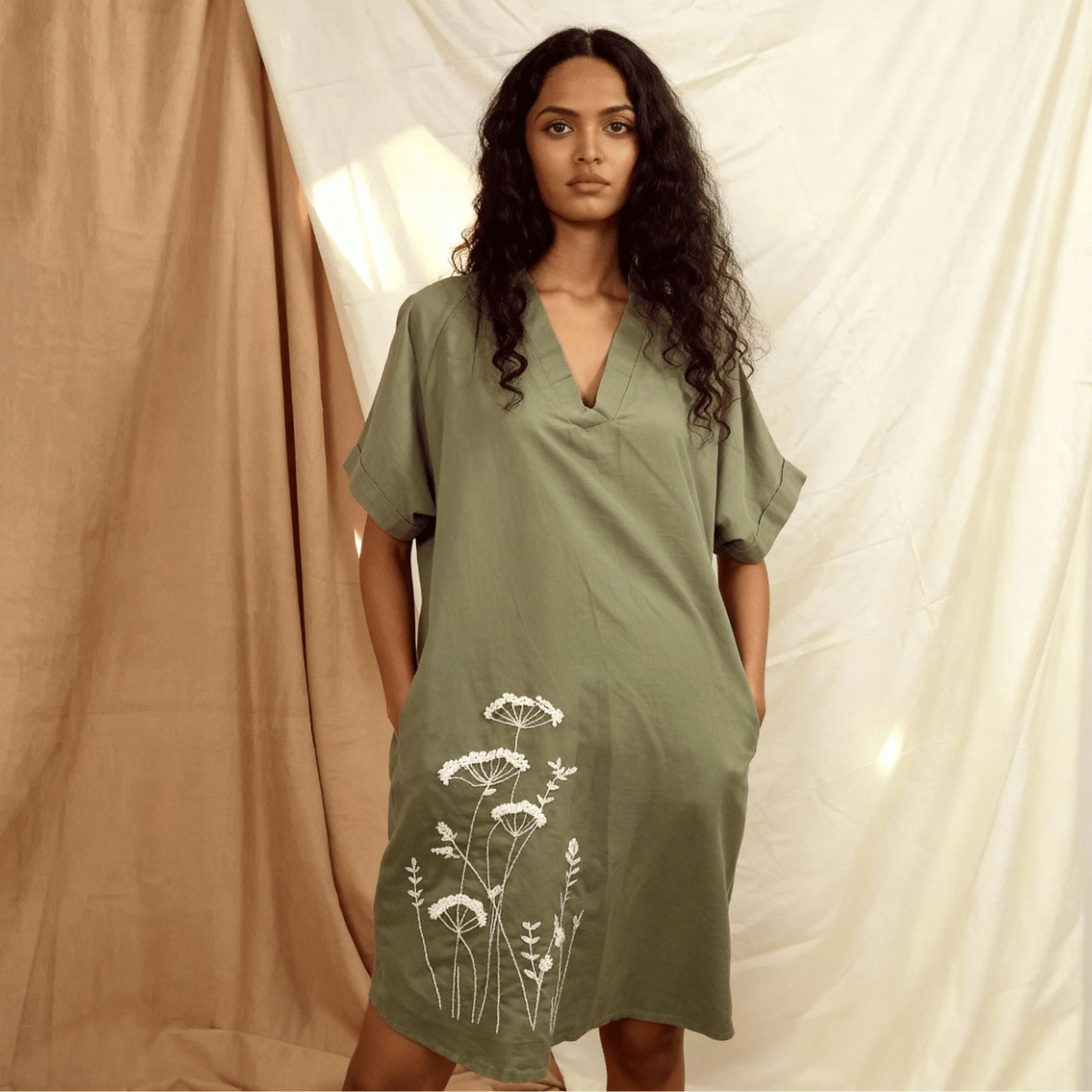 Olive Green Linen Anti Fit Drop Shoulder Dress With Hand Embroidery – Womens Dress on Brown Living™. SKU: AS-OGD-001. Img 1.