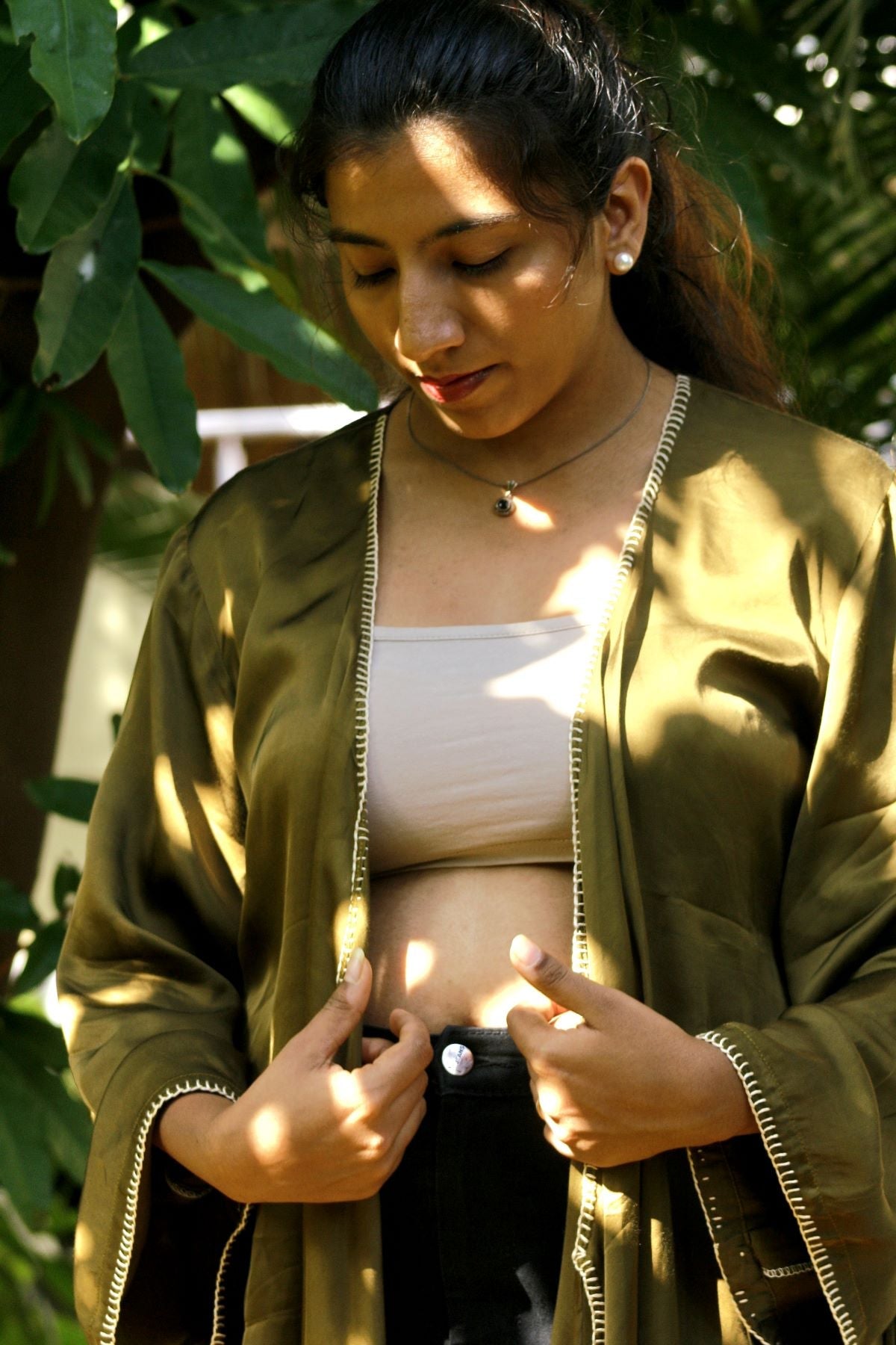 Olive Kimono | Elegant Modal Silk Kimono for Women – Womens Blouse on Brown Living™. SKU: OK04. Img 3.