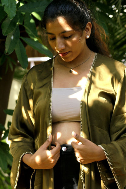 Olive Kimono | Elegant Modal Silk Kimono for Women – Womens Blouse on Brown Living™. SKU: OK04. Img 3.