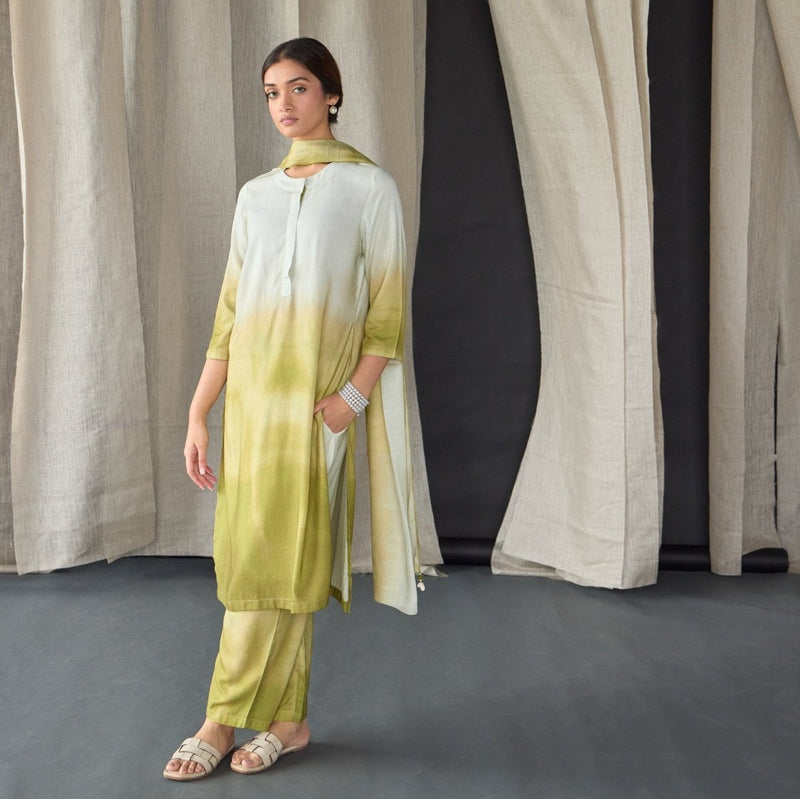 Olive Ombre Linen Kurta Set | Verified Sustainable Womens Kurta on Brown Living™