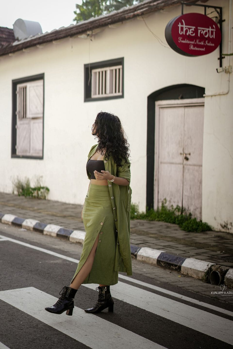 Olive Recycled Cotton Long Slit Skirt | Verified Sustainable Womens Skirt on Brown Living™