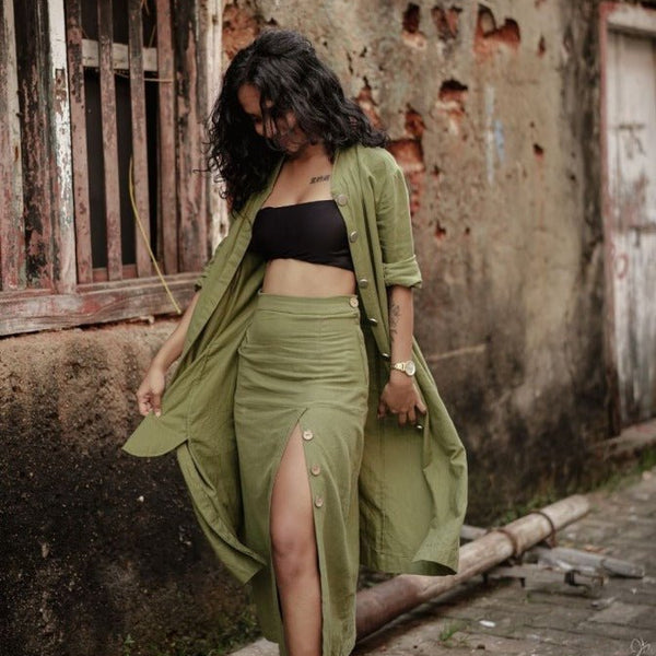 Buy Olive Recycled Cotton Long Slit Skirt Online on Brown Living 