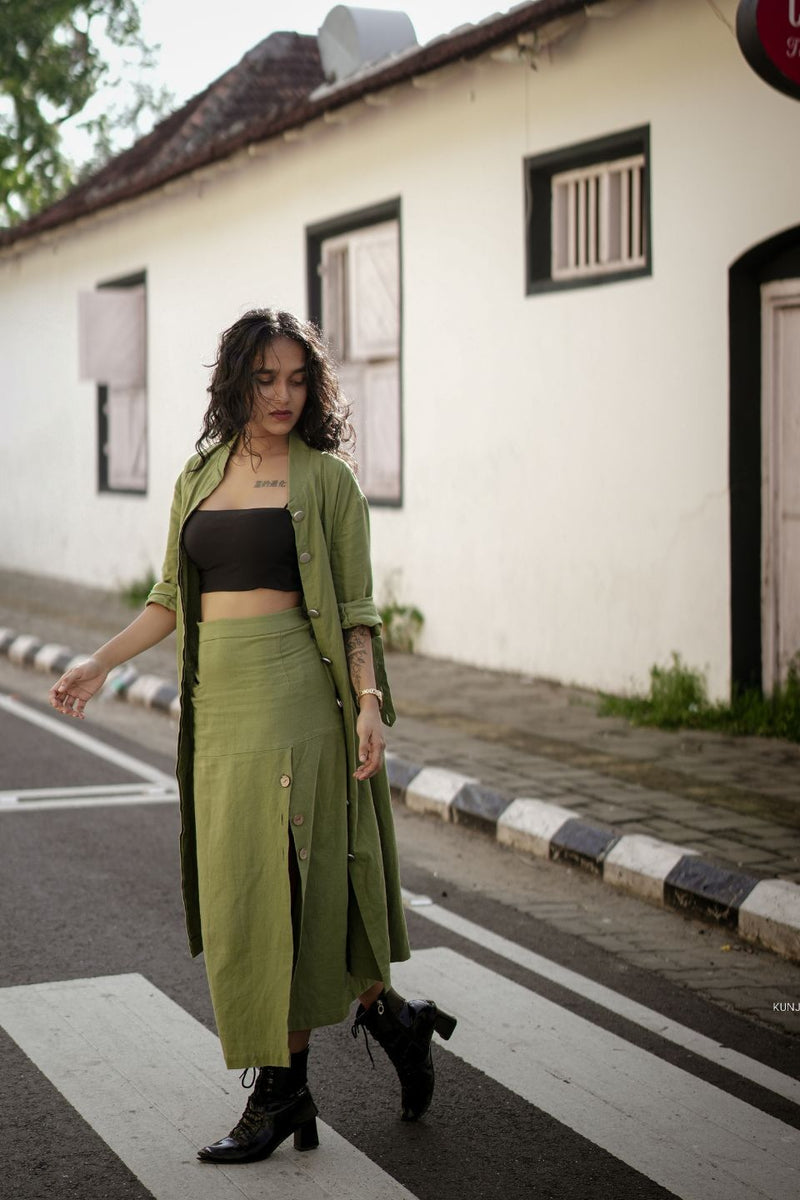 Olive Recycled Cotton Long Slit Skirt | Verified Sustainable Womens Skirt on Brown Living™
