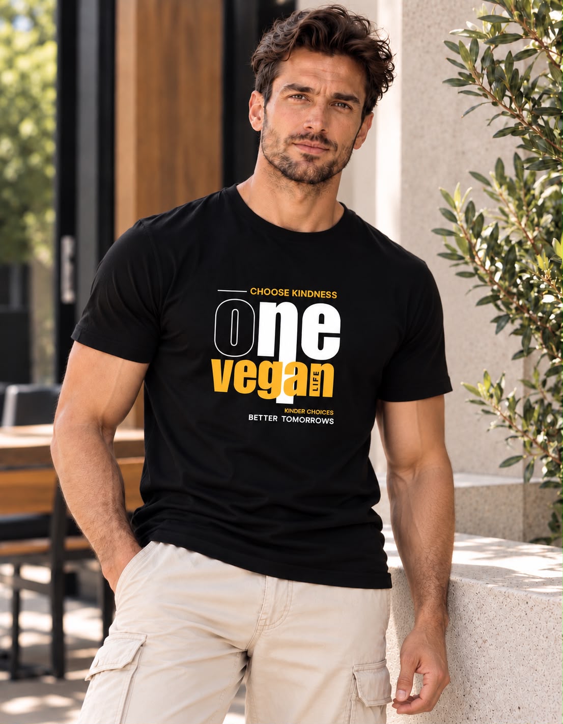 One Vegan Life Unisex Cotton T-Shirt | Choose Kindness – Mens T-Shirt on Brown Living™. SKU: onevegBlackMSWS. Img 1.