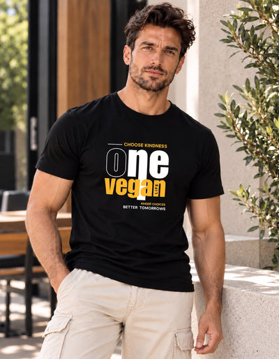 One Vegan Life Unisex Cotton T-Shirt | Choose Kindness – Mens T-Shirt on Brown Living™. SKU: onevegBlackMSWS. Img 1.