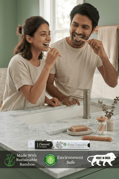 Oral Care Set - Charcoal Bamboo Toothbrush and Copper Tongue Cleaner – Tooth Brush on Brown Living™. SKU: 076-02920-AS-CTCT-004. Img 4.