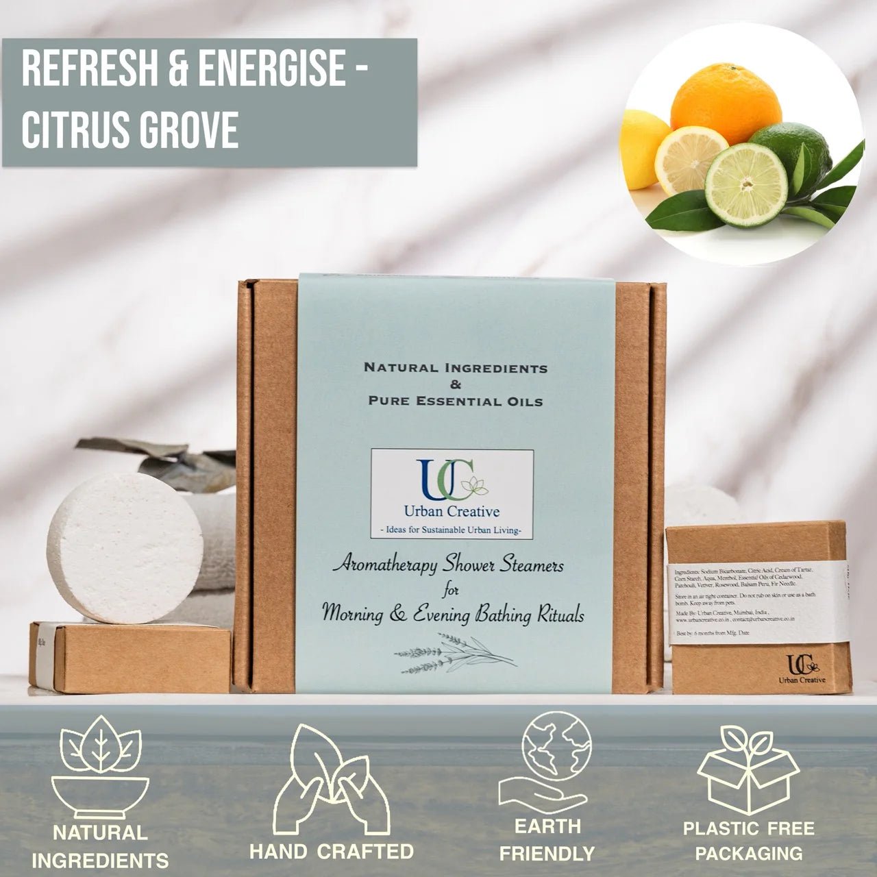 Orange & Cinnamon Shower Steamers – Refresh Set of 4 – Bath Salt on Brown Living™. SKU: SS_4OC_GS. Img 2.