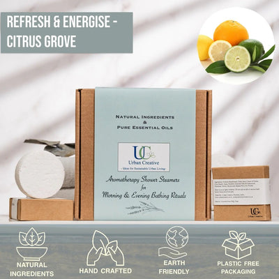 Orange & Cinnamon Shower Steamers – Refresh Set of 4 – Bath Salt on Brown Living™. SKU: SS_4OC_GS. Img 2.