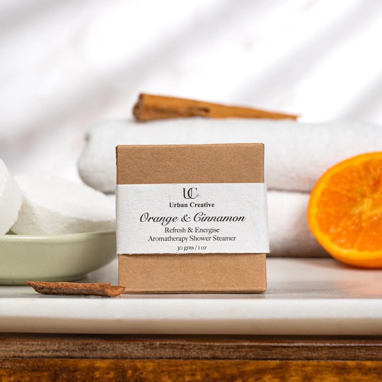 Orange & Cinnamon Shower Steamers – Refresh Set of 4 – Bath Salt on Brown Living™. SKU: SS_4OC_GS. Img 1.
