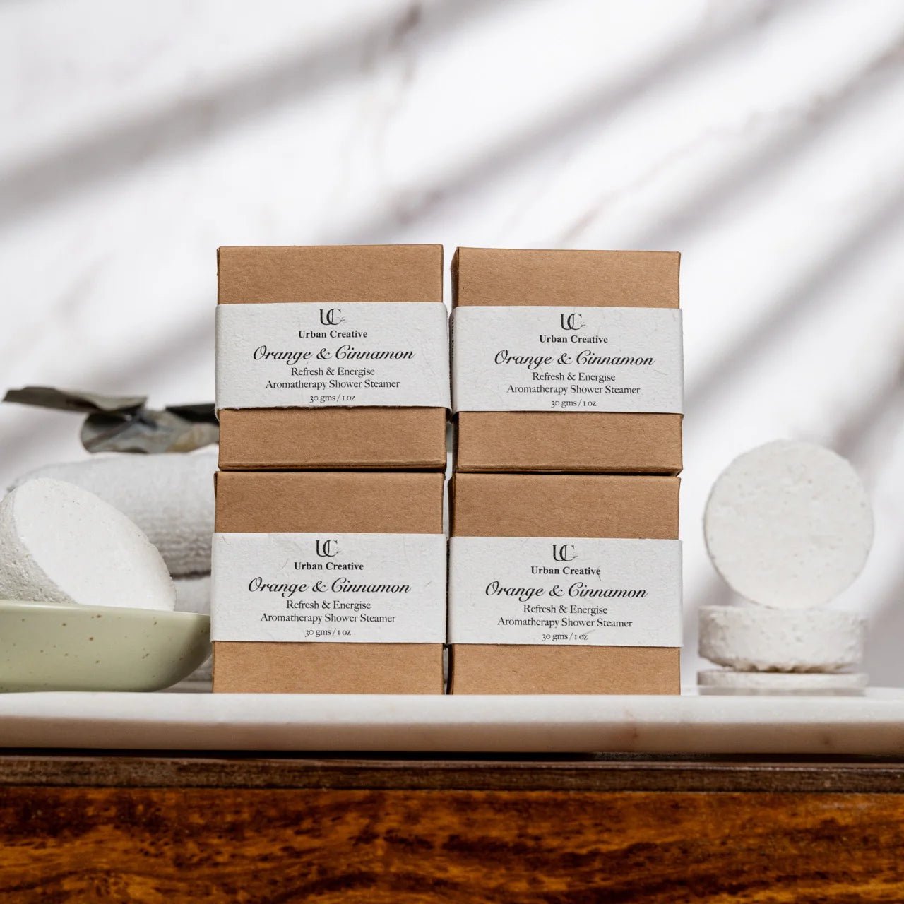 Orange & Cinnamon Shower Steamers – Refresh Set of 4 – Bath Salt on Brown Living™. SKU: SS_4OC_GS. Img 3.