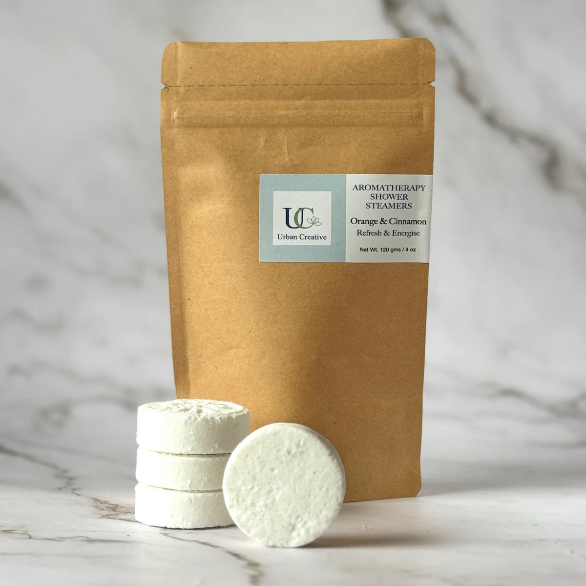 Orange & Cinnamon Shower Steamers – Refresh Set of 4 – Bath Salt on Brown Living™. SKU: SS_4OC_MP. Img 9.
