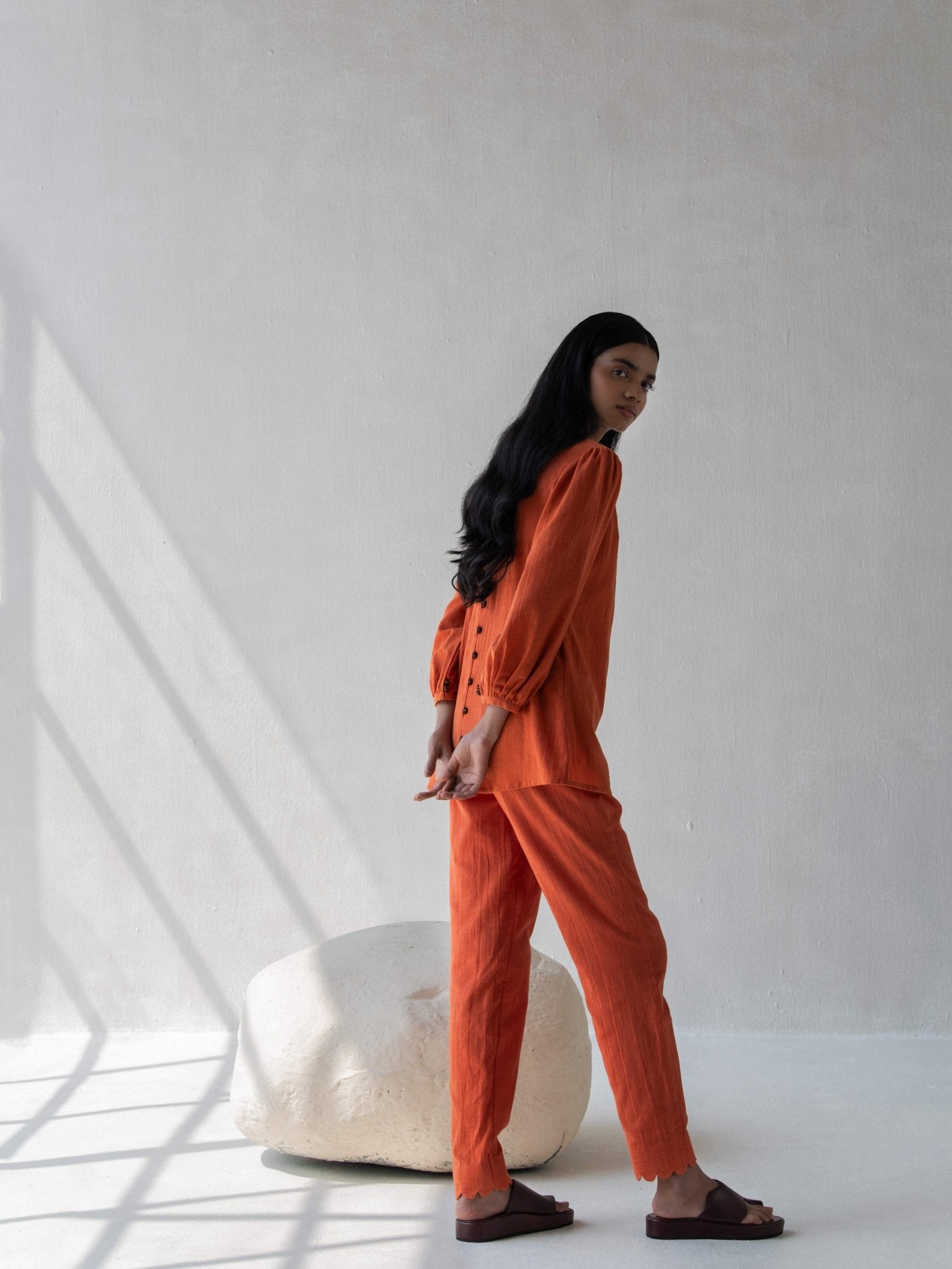 Orange Elegant Cotton Scalloped Straight Pants for Women – Womens Pants on Brown Living™. SKU: DCSS25B05S. Img 6.