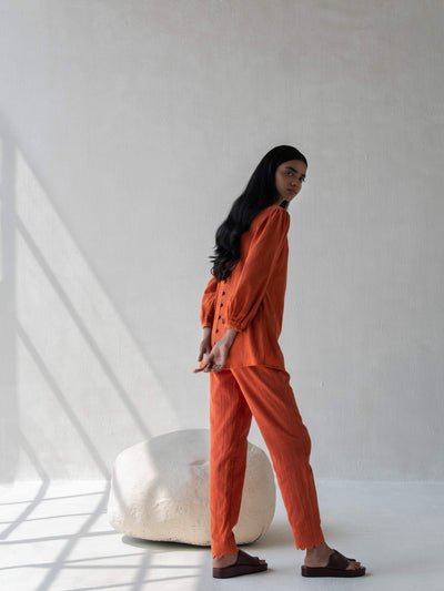 Orange Elegant Cotton Scalloped Straight Pants for Women – Womens Pants on Brown Living™. SKU: DCSS25B05S. Img 6.