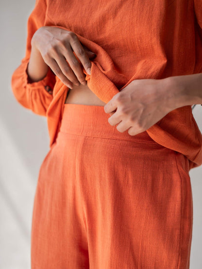 Orange Elegant Cotton Scalloped Straight Pants for Women – Womens Pants on Brown Living™. SKU: DCSS25B05S. Img 2.