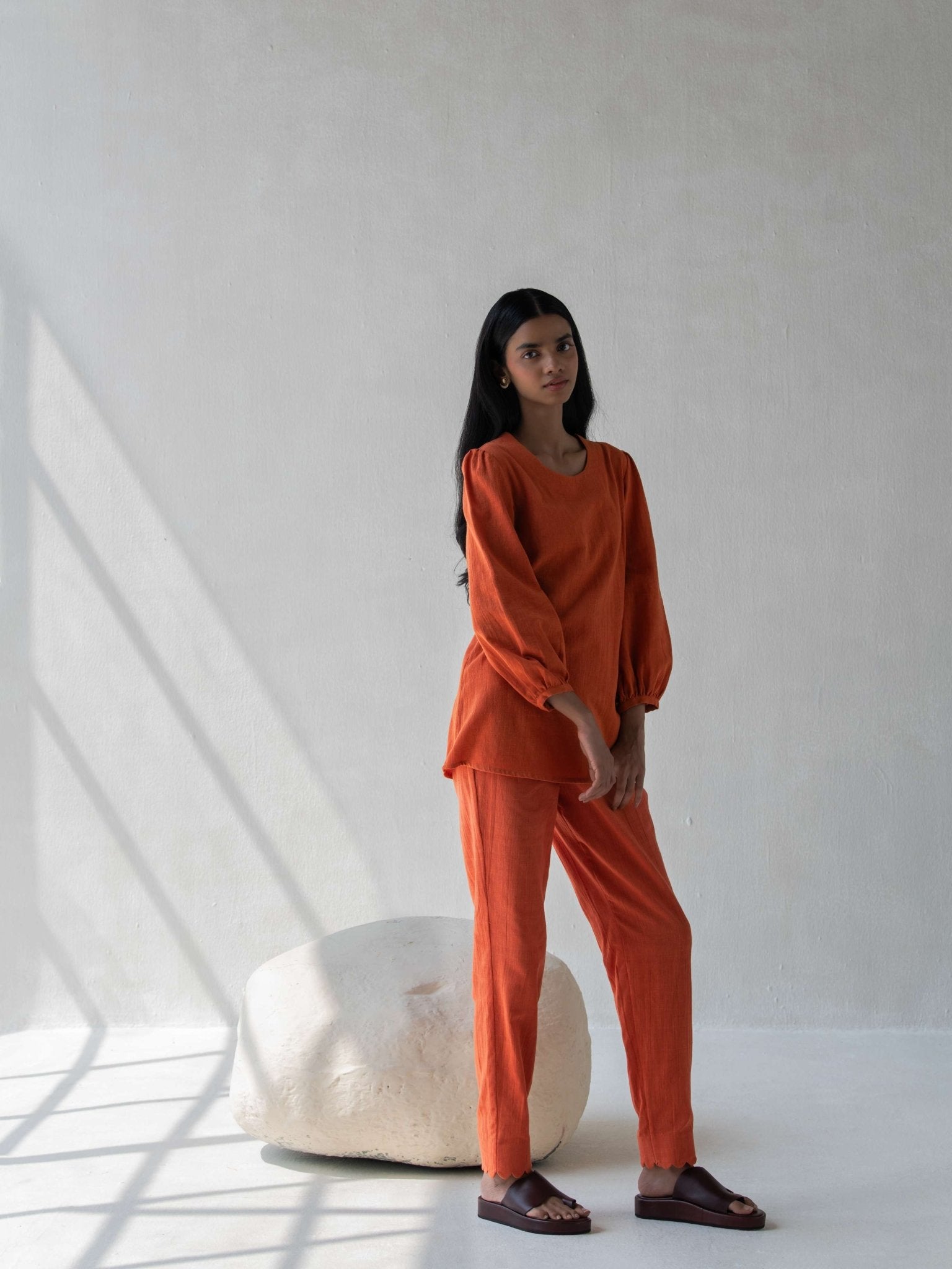 Orange Elegant Cotton Scalloped Straight Pants for Women – Womens Pants on Brown Living™. SKU: DCSS25B05S. Img 4.