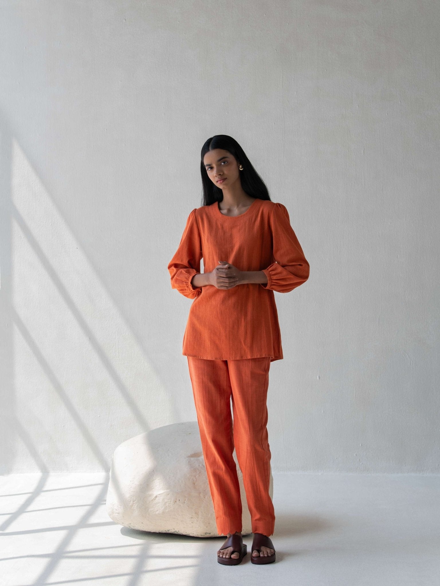 Orange Elegant Cotton Scalloped Straight Pants for Women – Womens Pants on Brown Living™. SKU: DCSS25B05S. Img 3.