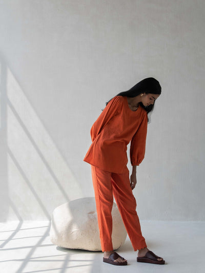 Orange Elegant Cotton Scalloped Straight Pants for Women – Womens Pants on Brown Living™. SKU: DCSS25B05S. Img 5.