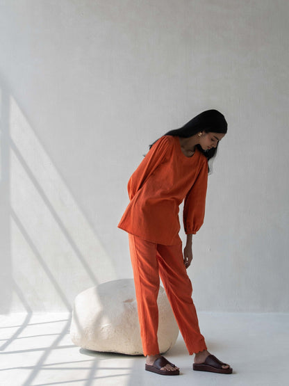 Orange Elegant Cotton Scalloped Straight Pants for Women – Womens Pants on Brown Living™. SKU: DCSS25B05S. Img 5.