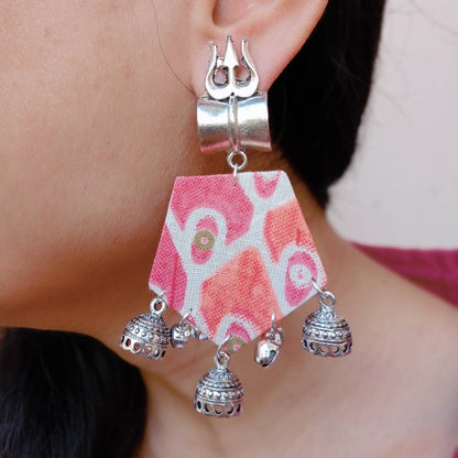 Orange Printed Floral Trishul Charm Earrings | Verified Sustainable by Brown Living™