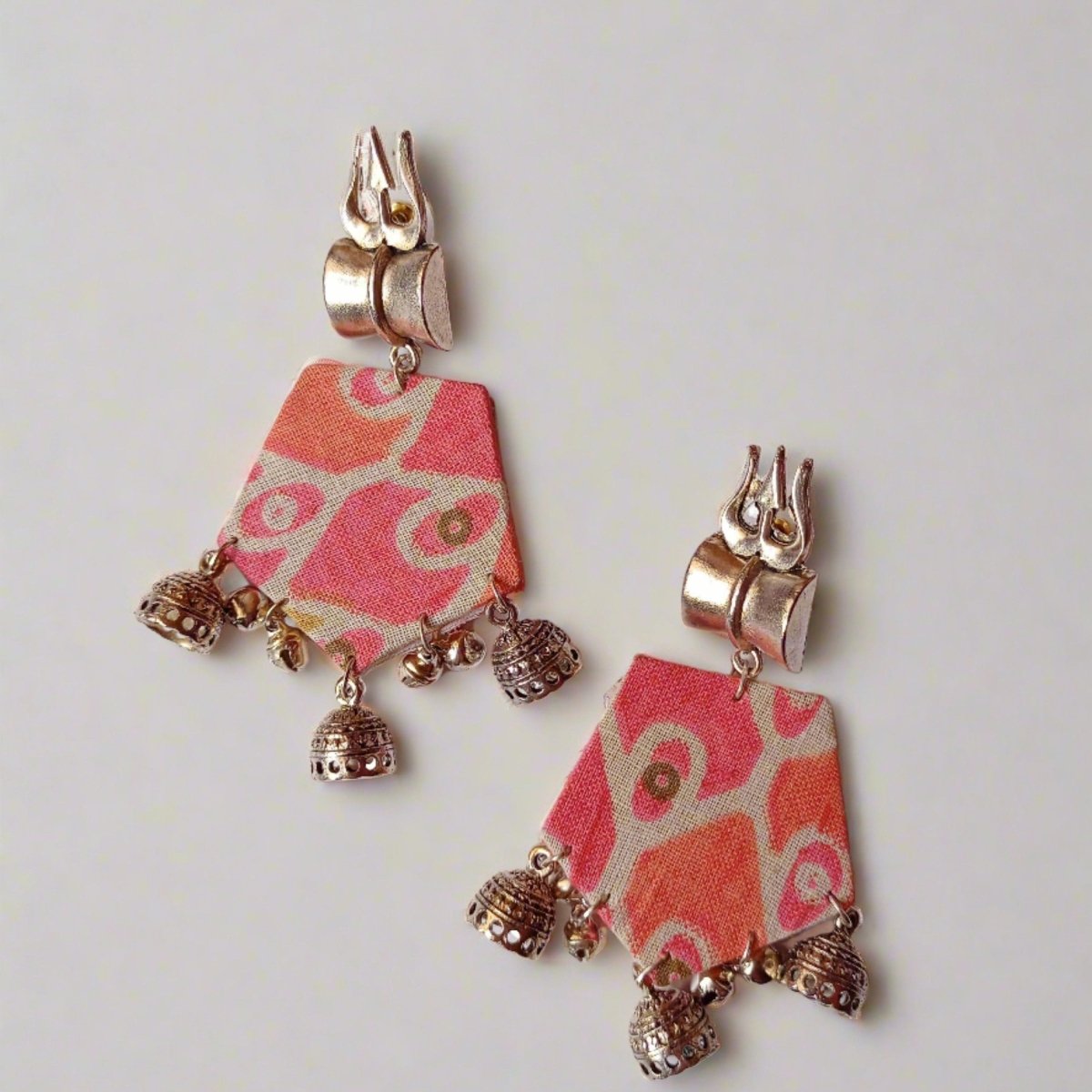 Orange Printed Floral Trishul Charm Earrings | Verified Sustainable by Brown Living™