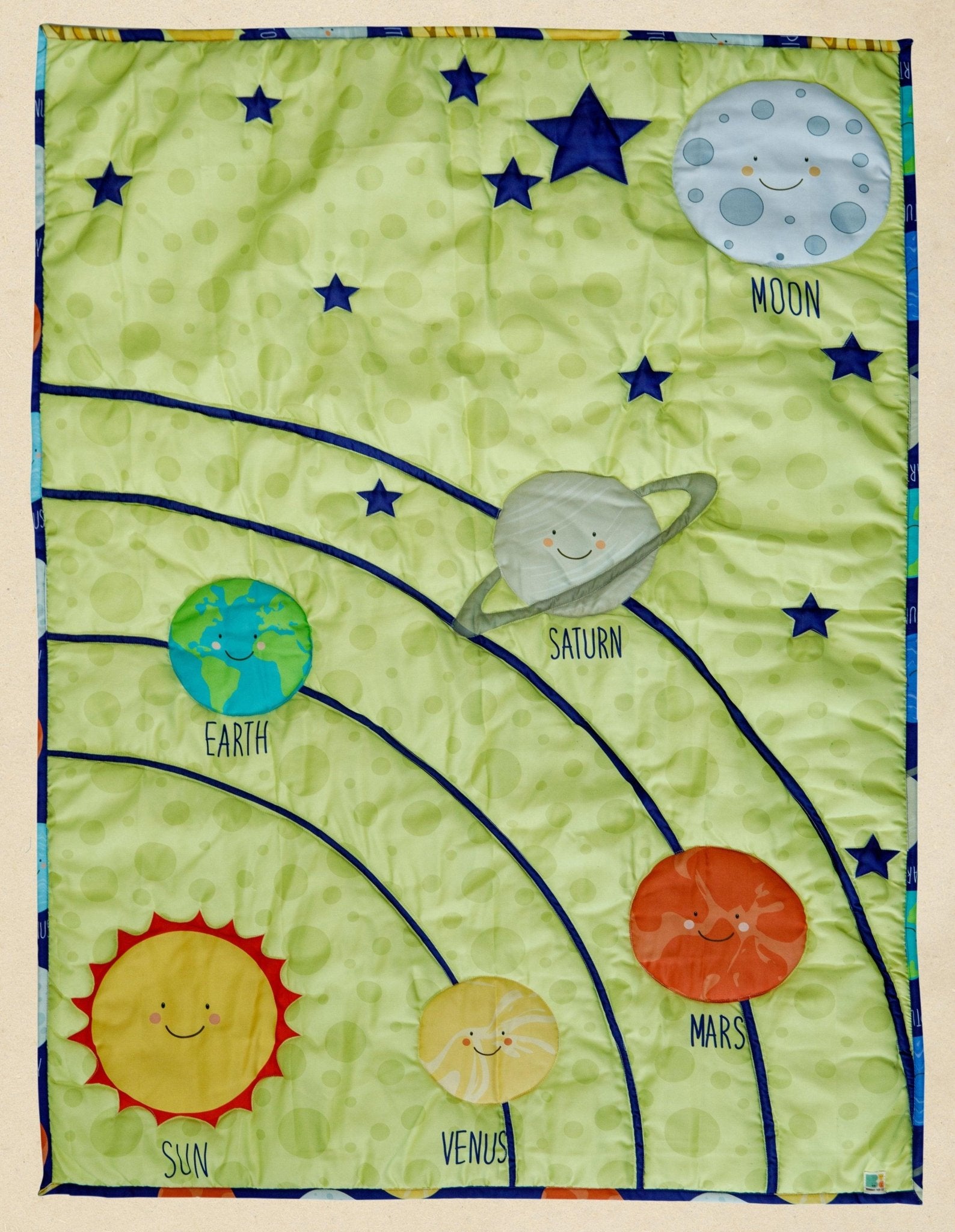Orbiting Wonders Kids Quilt Soft Cotton Baby Quilt – Play Mats on Brown Living™. SKU: QLTPLANETS. Img 1.