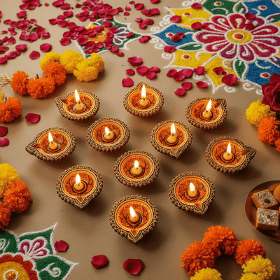 Orchid Diya Set Of 12 – Festive Handmade Decor – Home Decor on Brown Living™. SKU: D34. Img 2.