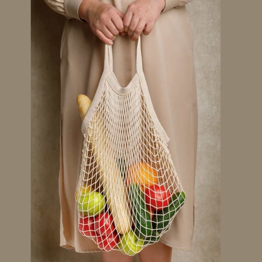 Organic Cotton Mesh Shopping Bags – Funky Colors (Pack of 2) – Fridge Vegetable Bags on Brown Living™. SKU: OEP912F. Img 2.