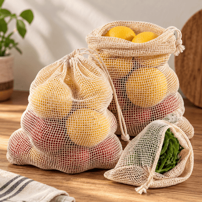 Organic Cotton Mesh Shopping Bags – Funky Colors (Pack of 2) – Fridge Vegetable Bags on Brown Living™. SKU: OEP912H. Img 1.