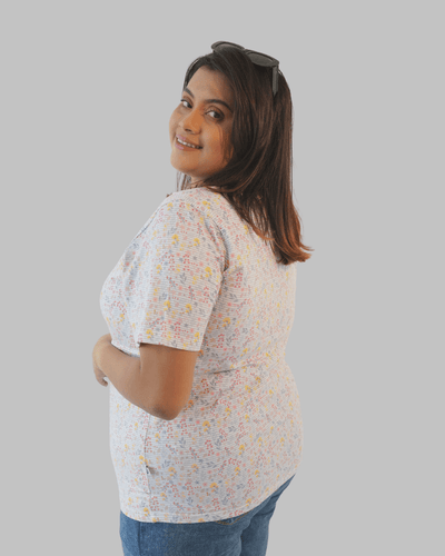 Organic Cotton Nursing T-Shirt for Women | Soft Feeding Friendly Tee – Womens Top on Brown Living™. SKU: 006MatDitsyAOP-S. Img 7.