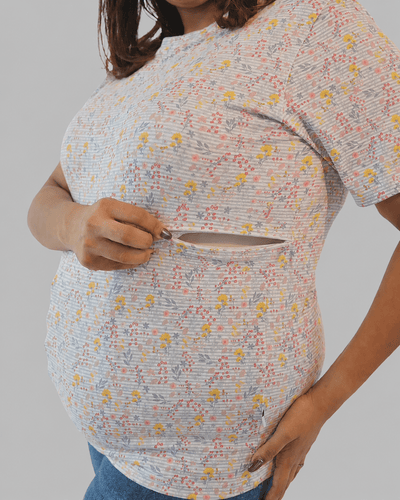 Organic Cotton Nursing T-Shirt for Women | Soft Feeding Friendly Tee – Womens Top on Brown Living™. SKU: 006MatDitsyAOP-S. Img 5.