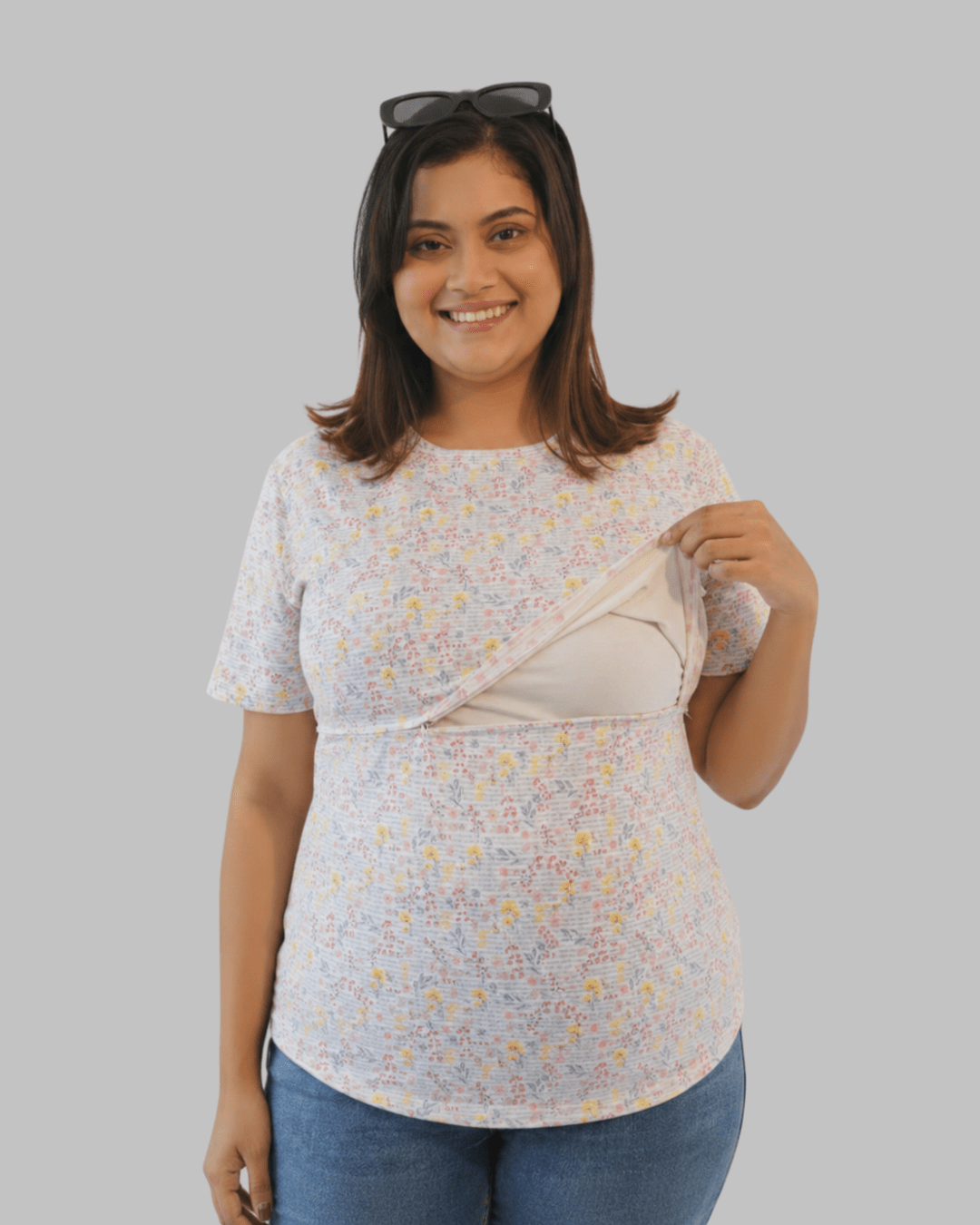 Organic Cotton Nursing T-Shirt for Women | Soft Feeding Friendly Tee – Womens Top on Brown Living™. SKU: 006MatDitsyAOP-S. Img 1.
