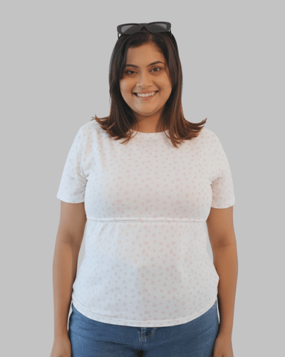 Organic Cotton Nursing T-Shirt for Women | Soft Feeding Friendly Tee – Womens Top on Brown Living™. SKU: 006MatPinkpolkaAOP-S. Img 5.