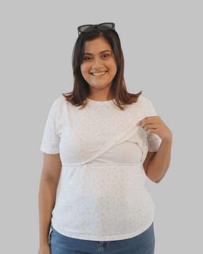 Organic Cotton Nursing T-Shirt for Women | Soft Feeding Friendly Tee – Womens Top on Brown Living™. SKU: 006MatPinkpolkaAOP-S. Img 6.