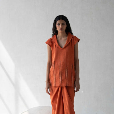 Organic Cotton Orange Shawl Collared Top for Women – Womens Top on Brown Living™. SKU: DCSS25T06S. Img 3.