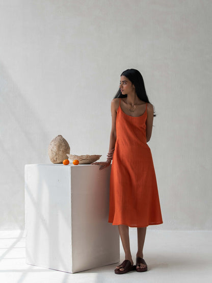 Organic Cotton Orange Spaghetti Sleeved A - Line Dress for Women – Womens Dress on Brown Living™. SKU: DCSS25D03S. Img 6.