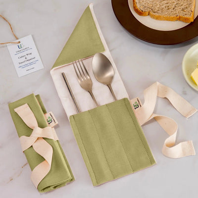 Organic Cotton Travel Cutlery Wrap Roll Up Organizer – Cutlery on Brown Living™. SKU: TCW_OC_OG. Img 1.