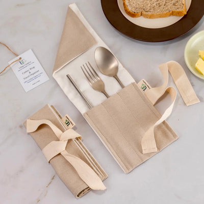 Organic Cotton Travel Cutlery Wrap Roll Up Organizer – Cutlery on Brown Living™. SKU: TCW_OC_RS. Img 2.