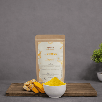 Organic Gulal Pack Haldi Peela (Yellow) Non - Toxic Holi Colors – Religious Items on Brown Living™. SKU: yellowholi. Img 1.