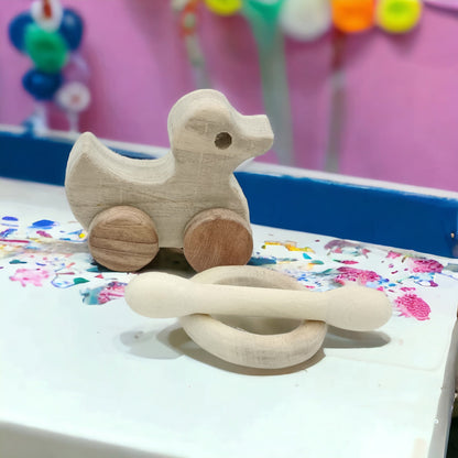 Organic & Healthy Pull Toy | Teethers Set - Duck, Dumbbell & Ring Shape – Wooden Toys on Brown Living™. SKU: WT_DK-DBL-RNG. Img 5.