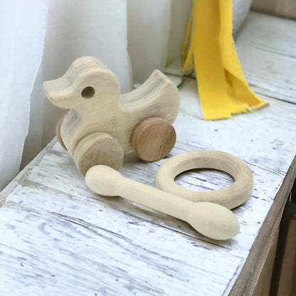 Organic & Healthy Pull Toy | Teethers Set - Duck, Dumbbell & Ring Shape – Wooden Toys on Brown Living™. SKU: WT_DK-DBL-RNG. Img 3.