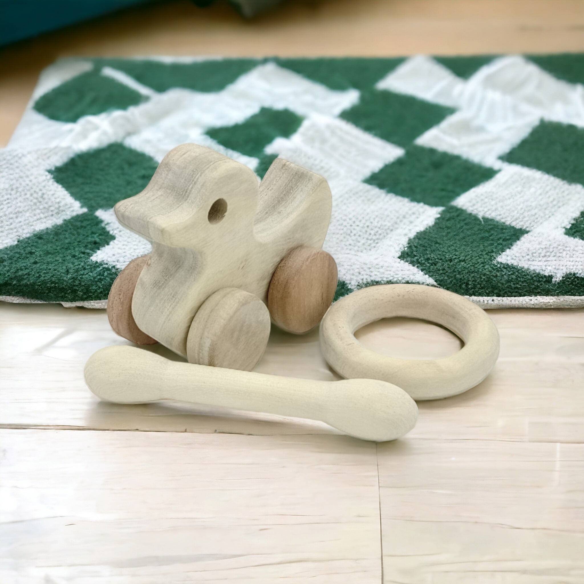 Organic & Healthy Pull Toy | Teethers Set - Duck, Dumbbell & Ring Shape – Wooden Toys on Brown Living™. SKU: WT_DK-DBL-RNG. Img 1.